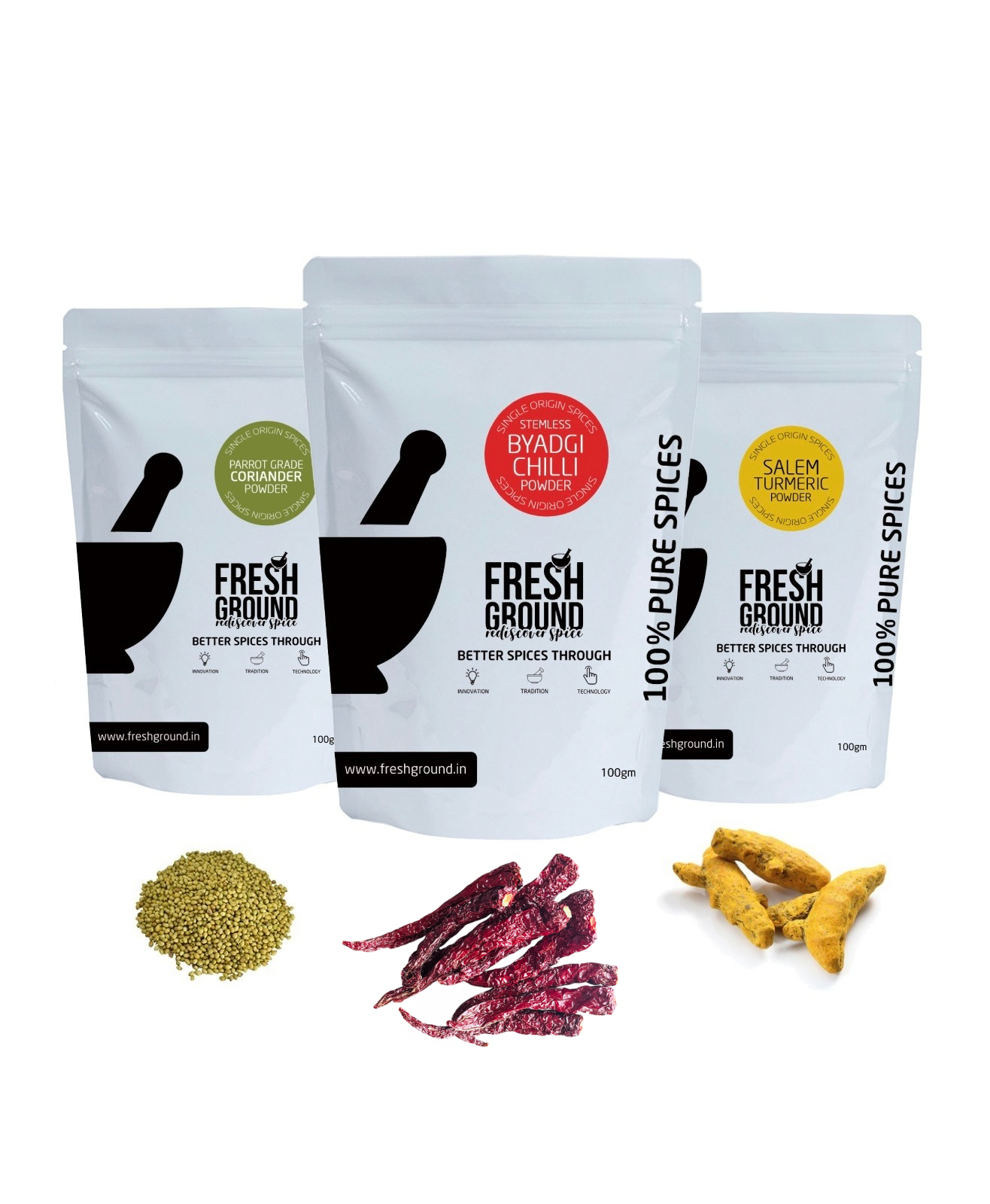 Bundle of Byadagi Chilli Powder + Rajasthani Coriander Powder + Salem Turmeric Powder