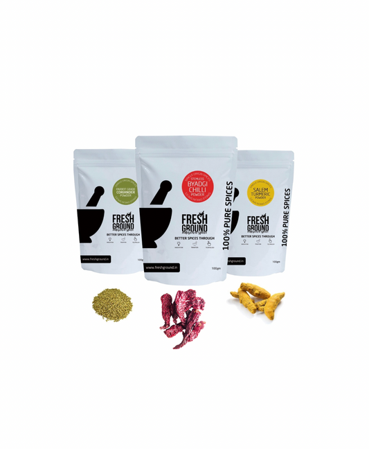 Bundle of Kashmiri Chilli Powder + Salem Turmeric Powder + Rajasthani Coriander Powder