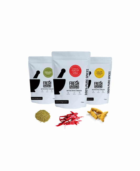 Bundle of Guntur Chilli Powder + Salem Turmeric Powder + Rajasthani Coriander Powder
